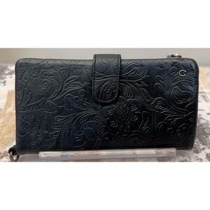 Wild West Los Angeles black hand tooled leather wallet/wristlet